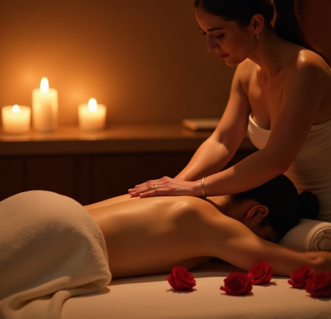 Professional Thai massage therapist stretching a client during an outcall massage in Singapore.